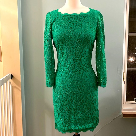 dvf green lace dress Long Lace Deep V Neck Dress With Lace Up Back main image 0